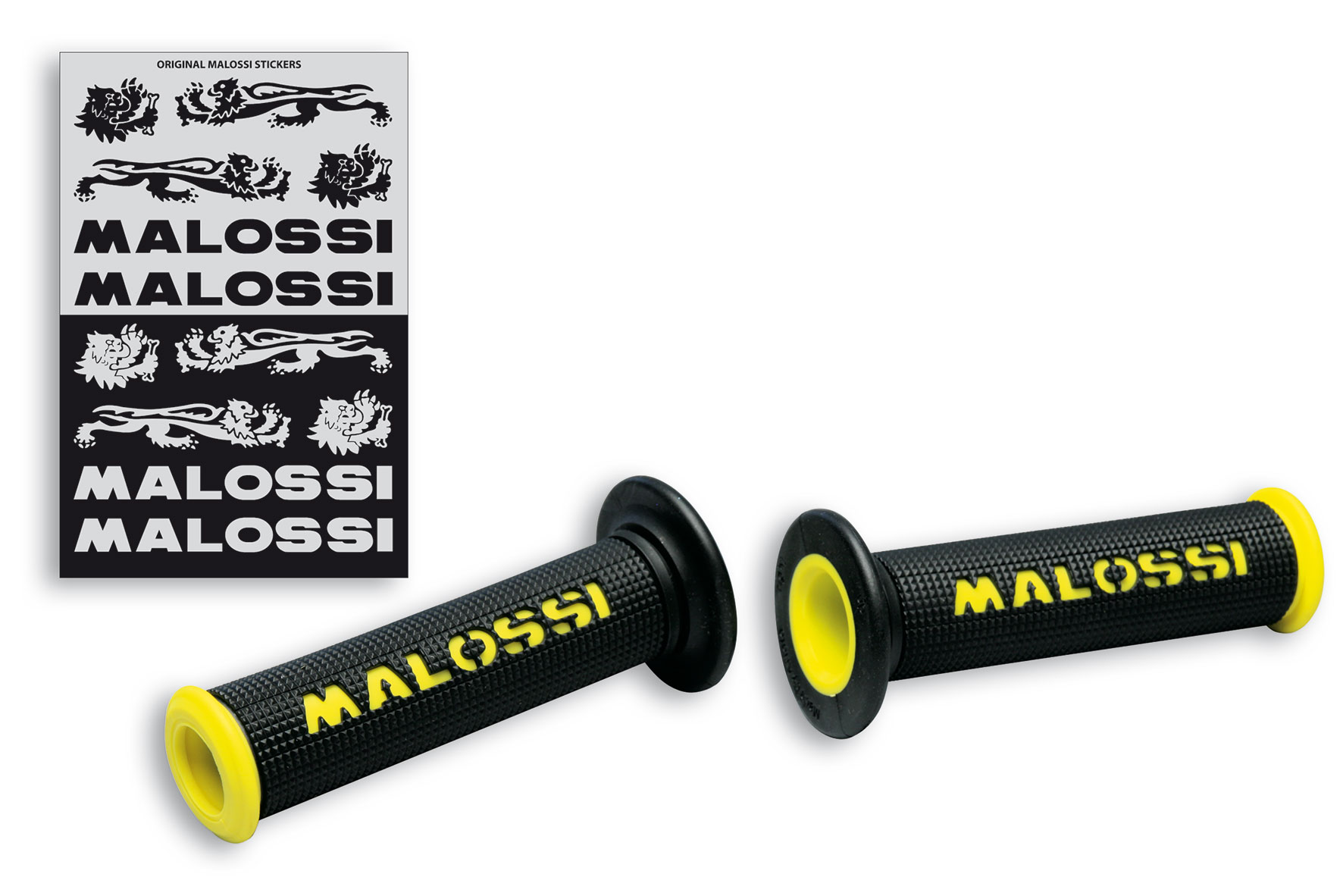 2 manopole nere con logo malossi giallo - modello senza chiusura a lato -  MalossiStore